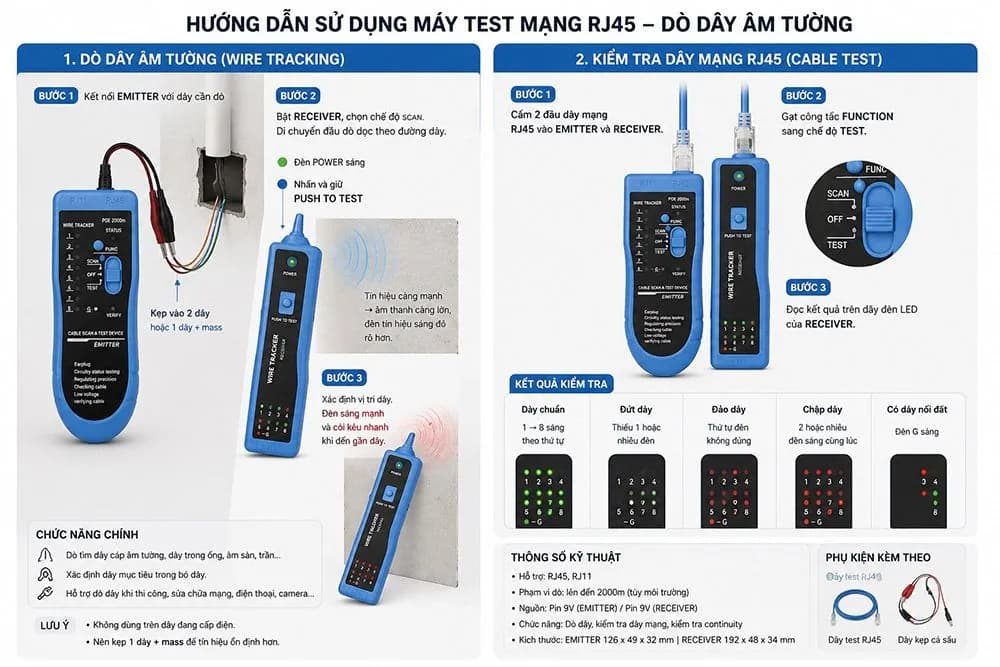 Máy test cáp mạng RJ45/RJ11 Dtech DT-2992