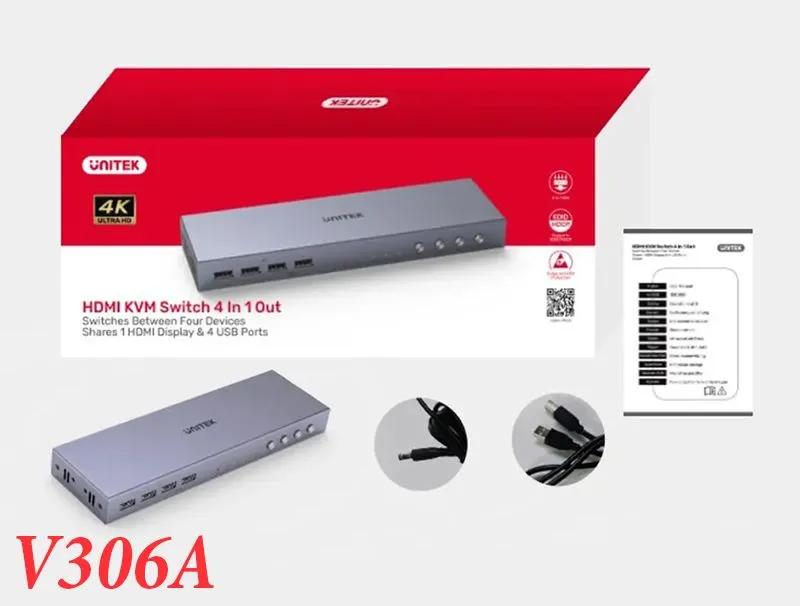 Bộ Chuyển Mạch KVM Switch HDMI 2.0 4 Vào 1 Ra Unitek V306A | Hỗ Trợ 4K@60Hz - hover