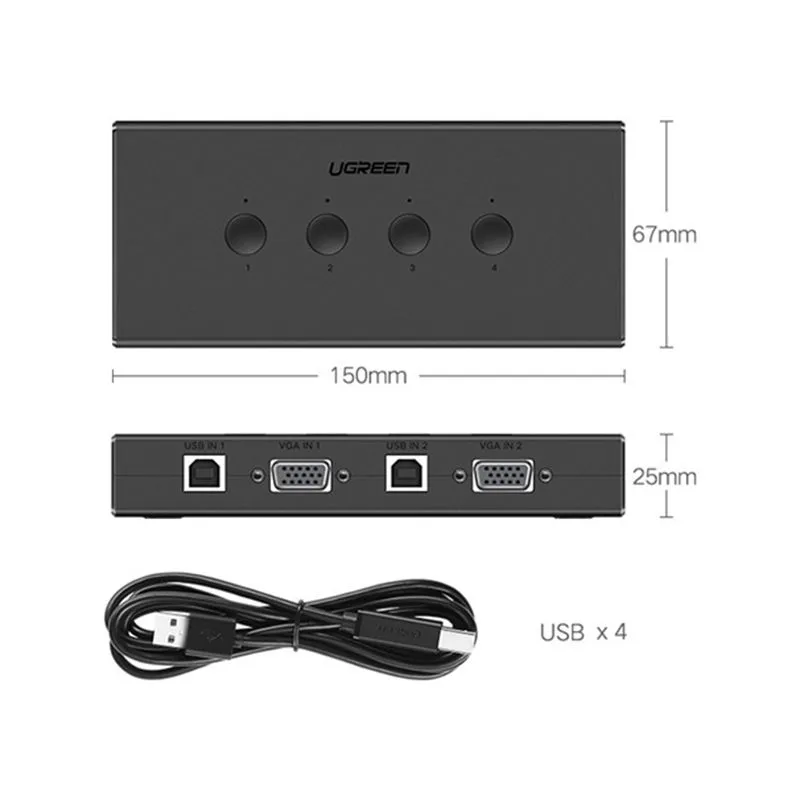 Bộ Gộp KVM VGA 4 Cổng Ugreen 50280 - Thiết Bị Dùng 4 PC/Laptop Chung 1 Màn Hình Cổng VGA Có Hub USB 2.0 2