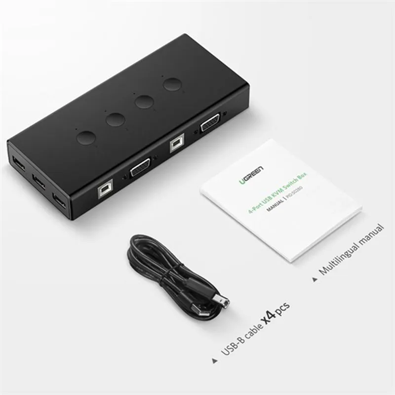 Bộ Gộp KVM VGA 4 Cổng Ugreen 50280 - Thiết Bị Dùng 4 PC/Laptop Chung 1 Màn Hình Cổng VGA Có Hub USB 2.0 3