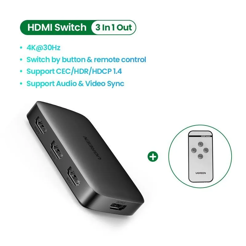 Bộ Gộp HDMI 3 Vào 1 Ra 4K30Hz Ugreen 80125 Chính Hãng Màu Đen 3