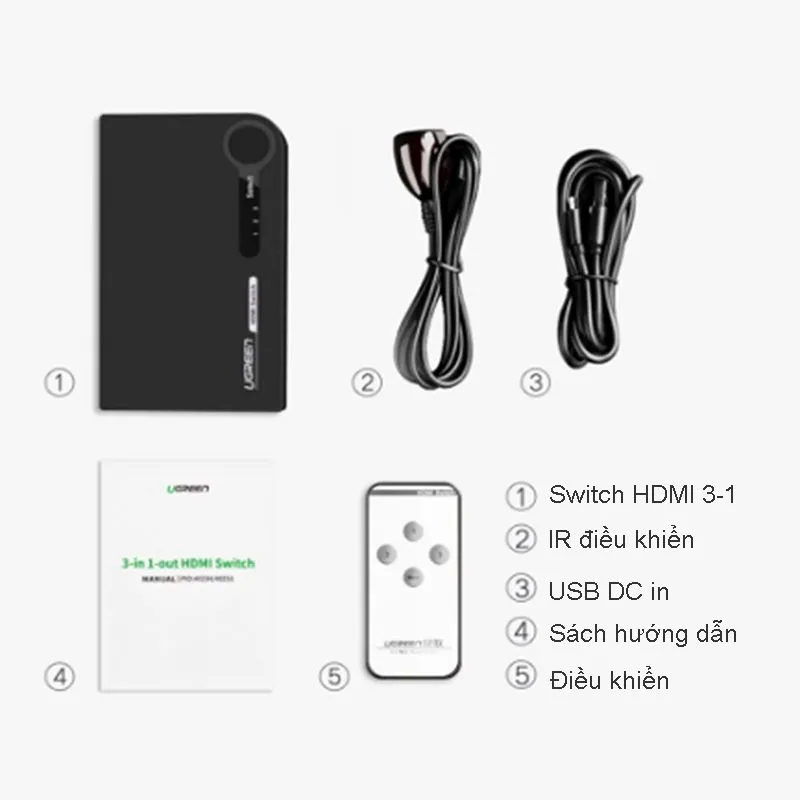 Bộ Gộp HDMI 3 Vào 1 Ra Ugreen 40234 Có Điều Khiển Chính Hãng - hover