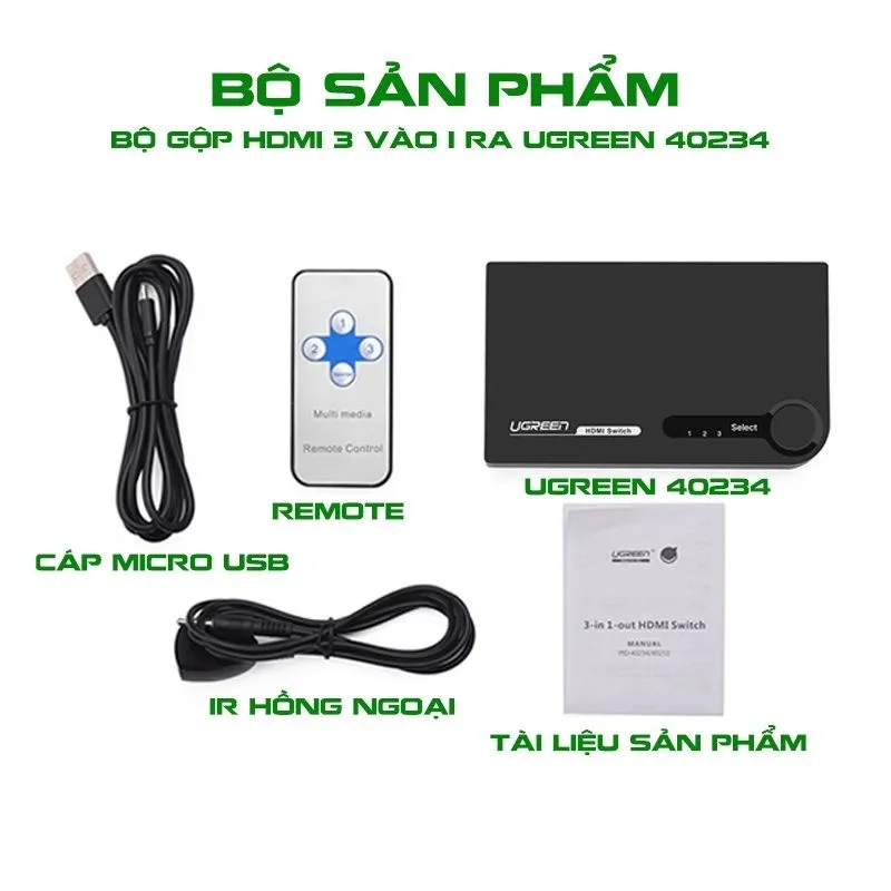 Bộ Gộp HDMI 3 Vào 1 Ra Ugreen 40234 Có Điều Khiển Chính Hãng 3