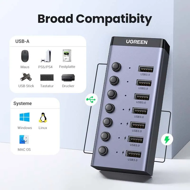 Bộ Chia USB 3.0 7 Cổng Ugreen 90305 Có Công Tắc (Kèm Nguồn 12V) - hover