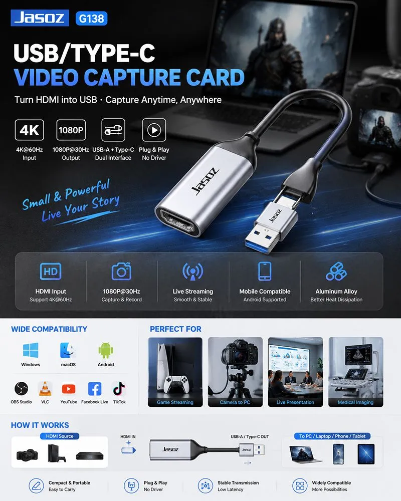 Cáp Video Capture HDMI Sang USB & Type-C Jasoz G138 T-G158 5