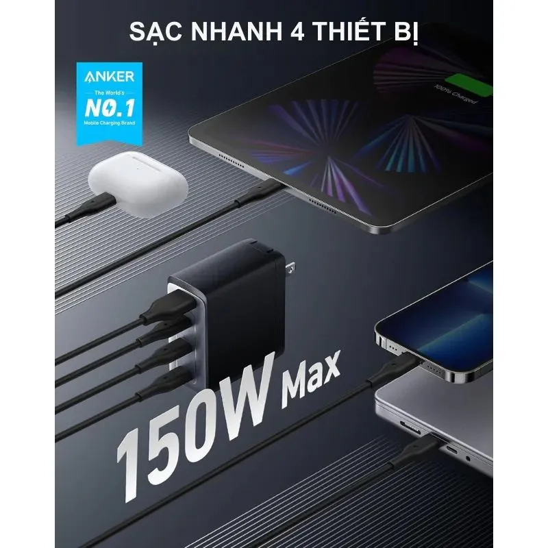 Củ Sạc Nhanh Anker 747 GaNPrime 150W A2340 - 3 Cổng USB-C, 1 USB-A 3