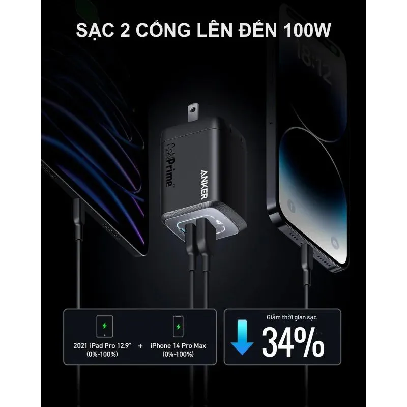 Củ Sạc Nhanh Anker Prime 100W 3 Cổng (2C1A) GaN A2343113 5