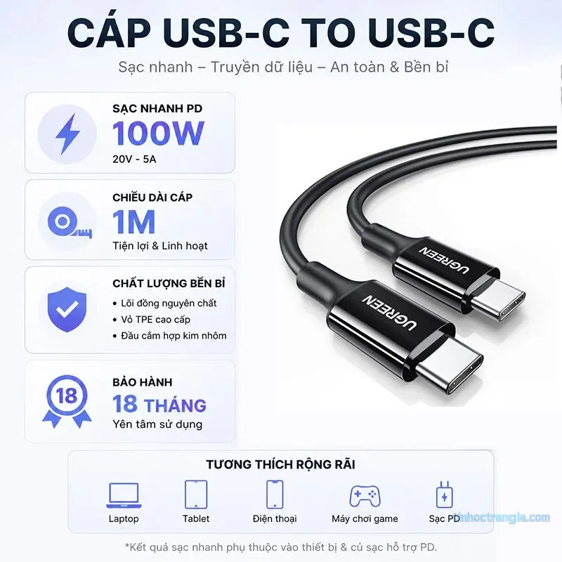 Cáp Sạc Và Truyền Dữ Liệu USB Type C To USB Type C Ugreen 80372 (100W, Dài 2m, Màu Đen) 3