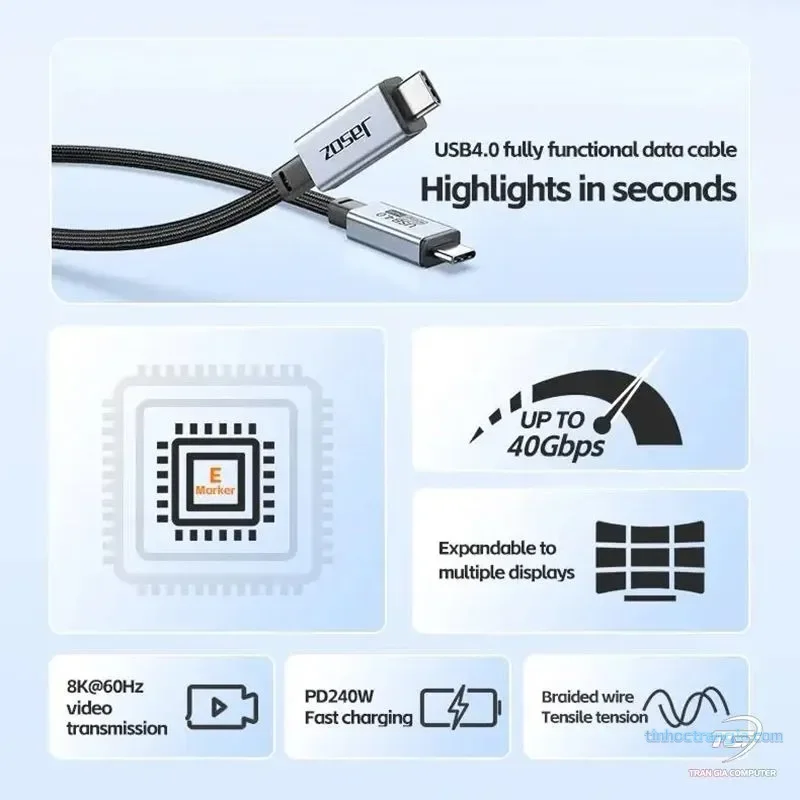 Cáp USB4 Hai Đầu USB-C 1,2M Jasoz D119 T-D202 Hỗ Trợ 8K@60Hz 4