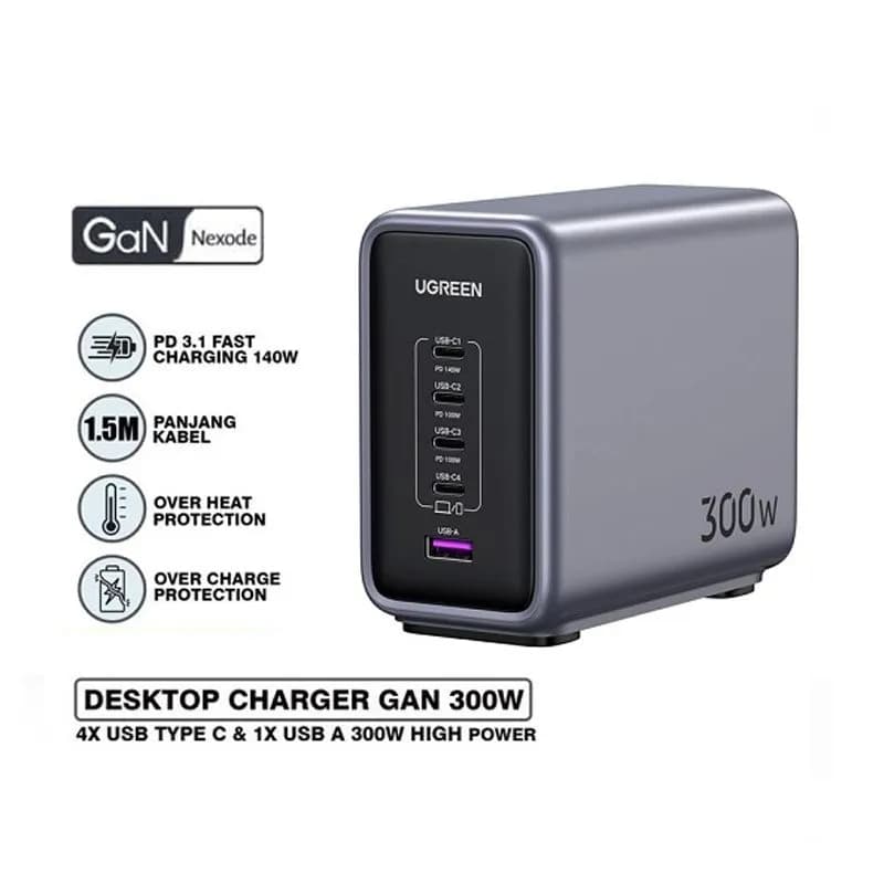 Củ Sạc Để Bàn Ugreen 300W Nexode GaN 5 Cổng (4 USB-C + 1 USB-A) | Mã 90903B
