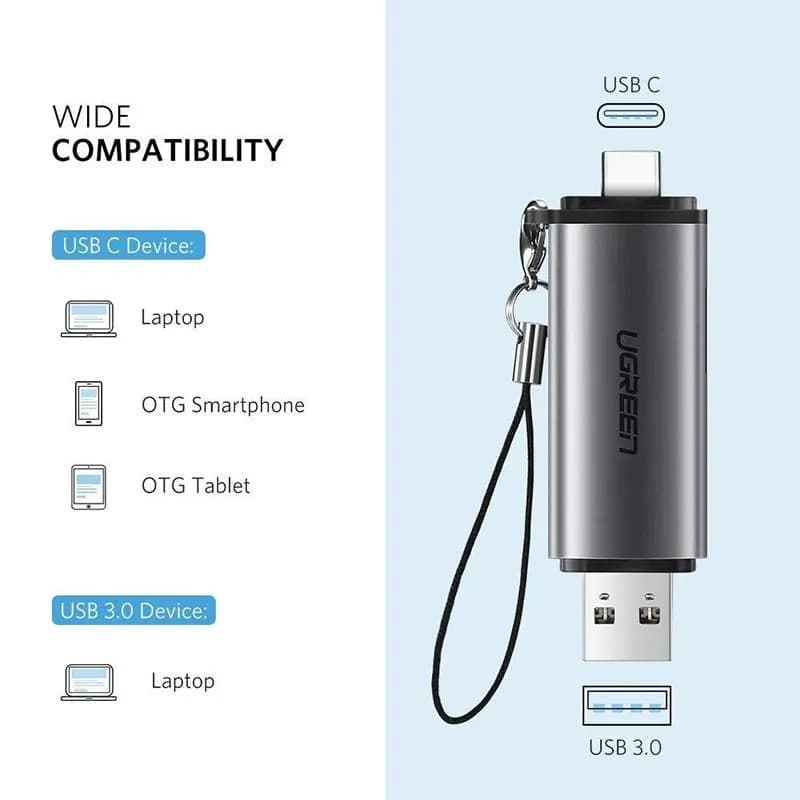 Đầu Đọc Thẻ SD/TF 2 Đầu Cắm USB Type-C và USB 3.0 Ugreen 50706 Cao Cấp