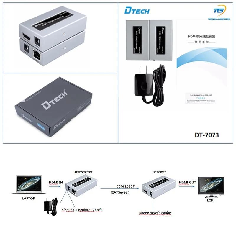 Bộ Kéo Dài HDMI Qua LAN 50m DTech DT-7073 Full HD 1080P