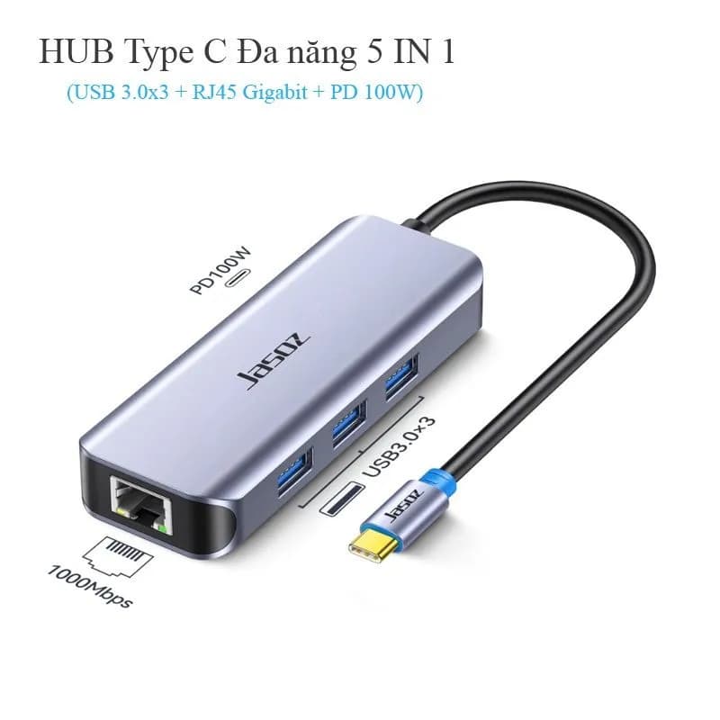 HUB Chuyển Đổi USB-C Sang LAN Gigabit và 3 Cổng USB 3.0 PD 100W Jasoz H110 T-H110