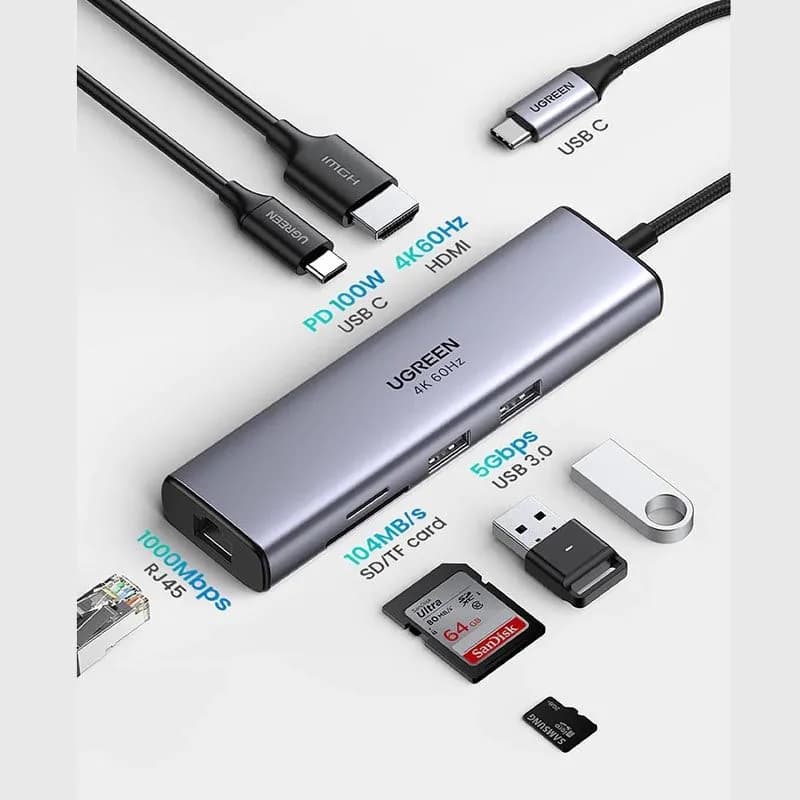 Hub Chuyển USB-C Sang HDMI 4K@60Hz, USB 3.0, LAN Gigabit và SD/TF Ugreen 60515 CM512 - hover