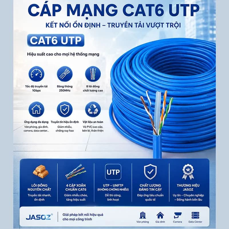 Cáp Mạng Cat6 UTP Jasoz CXM-E124 24AWG Thùng 305m Màu Xanh - hover