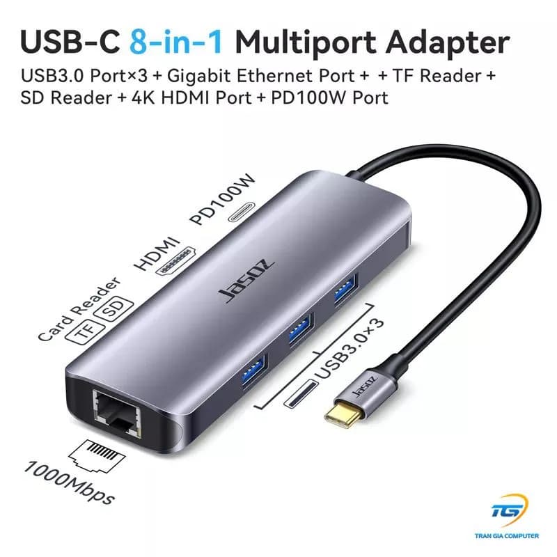 Hub Chuyển Đổi USB-C 8 Trong 1 Jasoz H112 T-H112 Vỏ Nhôm Cao Cấp