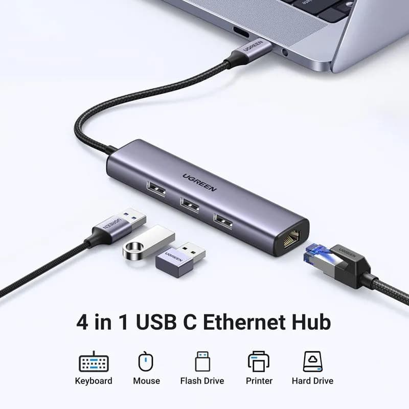 Hub USB Type-C To LAN Gigabit 1000Mbps + 3 Port USB 3.0 Vỏ Nhôm Ugreen 60600 CM475 - hover