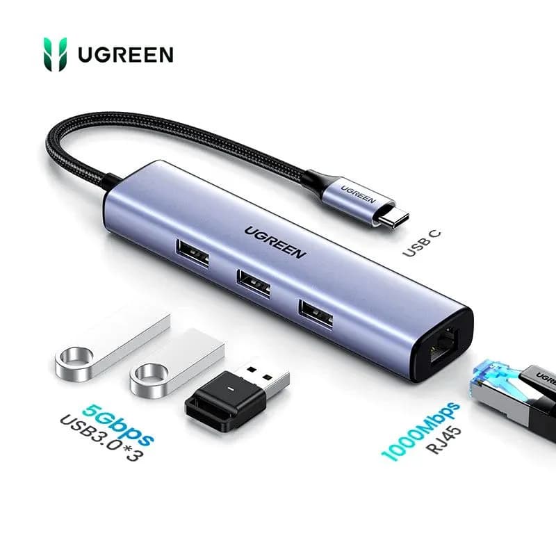 Hub USB Type-C To LAN Gigabit 1000Mbps + 3 Port USB 3.0 Vỏ Nhôm Ugreen 60600 CM475