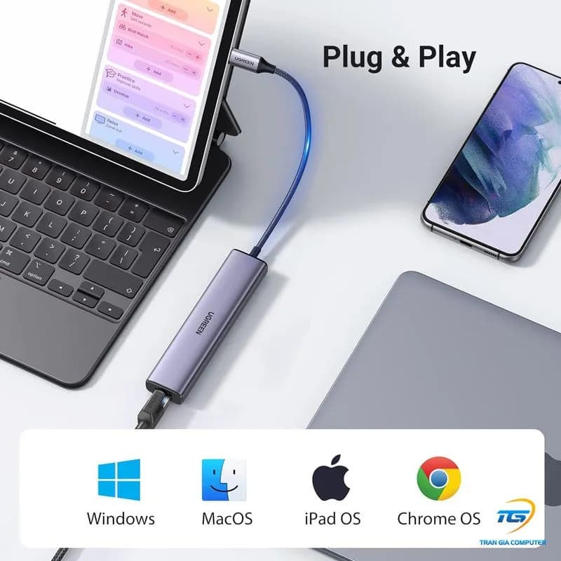 Hub USB Type-C To LAN Gigabit 1000Mbps + 3 Port USB 3.0 Vỏ Nhôm Ugreen 60600 CM475