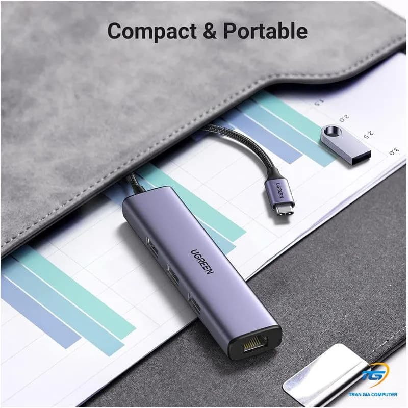 Hub USB Type-C To LAN Gigabit 1000Mbps + 3 Port USB 3.0 Vỏ Nhôm Ugreen 60600 CM475