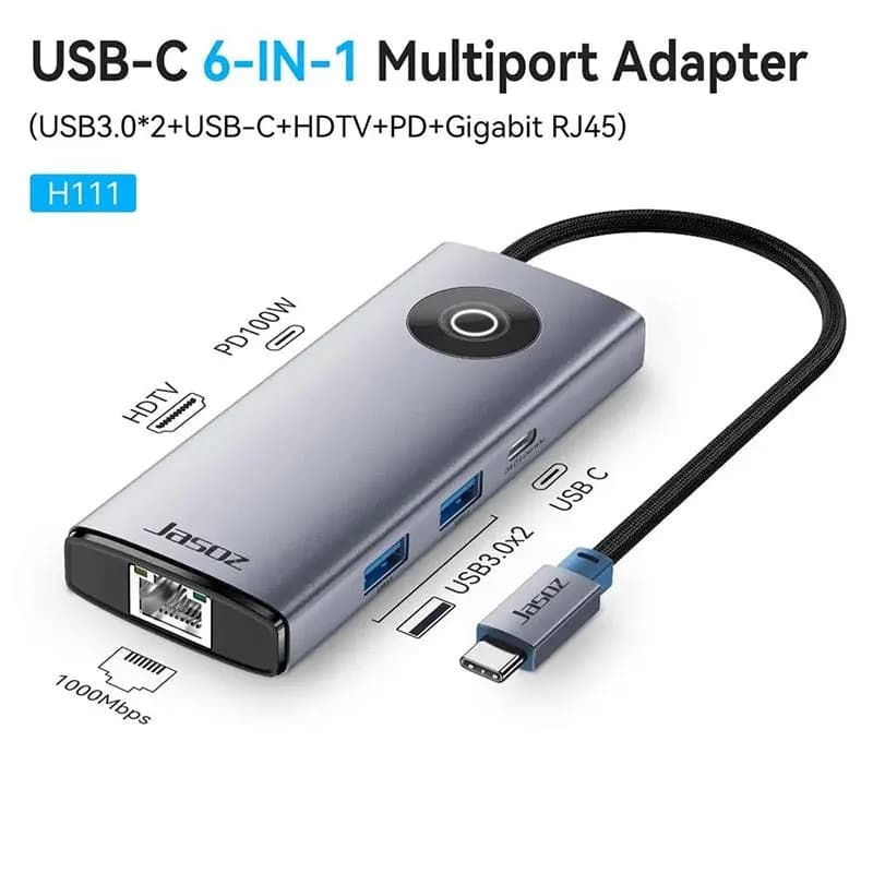 Hub Chuyển Đổi USB-C Sang HDMI, LAN Gigabit, USB 3.0, USB-C, PD 100W  JASOZ T-H111