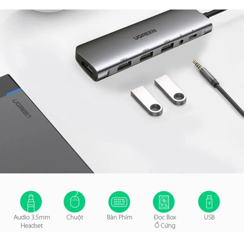 Hub Chuyển Đổi USB-C Sang HDMI 4K, USB 3.0, Audio 3.5mm, PD 100W Ugreen 80132 CM136
