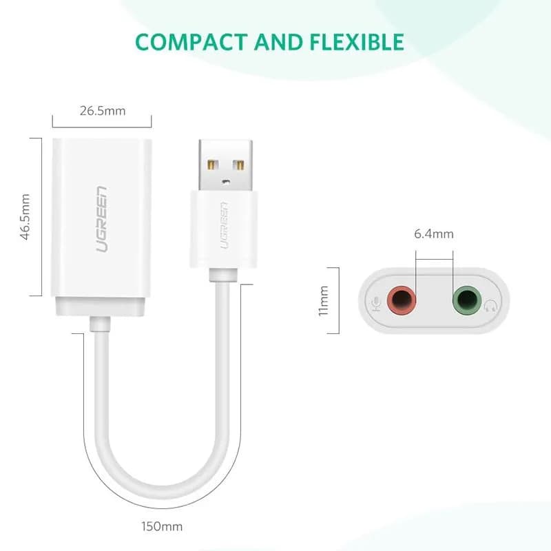 Card Sound USB 2.0 Sang Jack 3.5mm Tai Nghe & Mic Ugreen 30143 US205 (Màu Trắng)