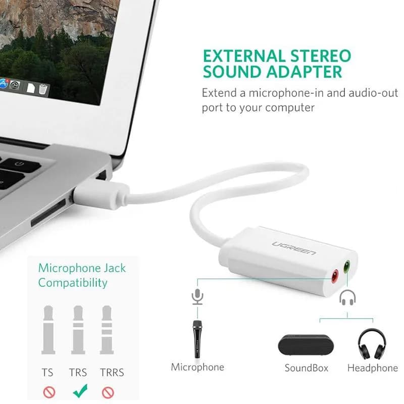 Card Sound USB 2.0 Sang Jack 3.5mm Tai Nghe & Mic Ugreen 30143 US205 (Màu Trắng)
