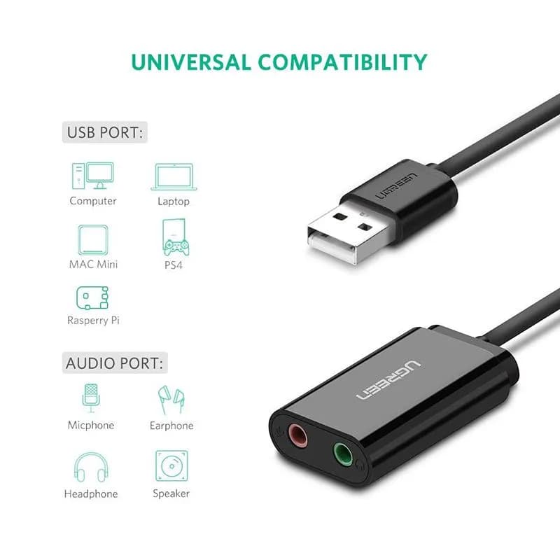 Card Sound USB 2.0 Sang Jack 3.5mm Tai Nghe & Mic Ugreen 30724 US205 (Màu Đen)