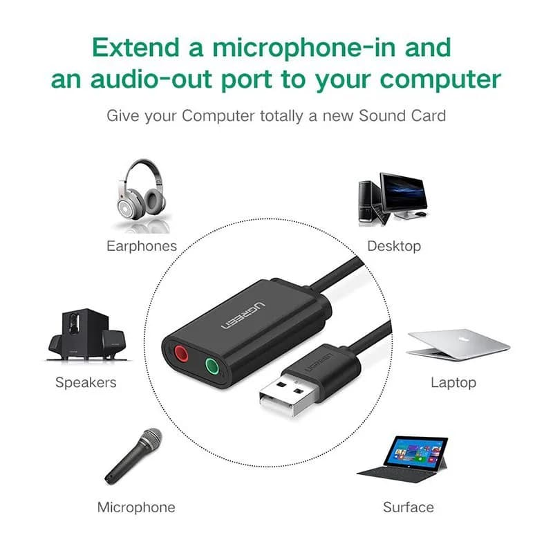 Card Sound USB 2.0 Sang Jack 3.5mm Tai Nghe & Mic Ugreen 30724 US205 (Màu Đen) - hover
