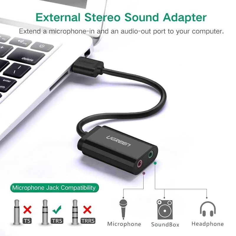 Card Sound USB 2.0 Sang Jack 3.5mm Tai Nghe & Mic Ugreen 30724 US205 (Màu Đen)