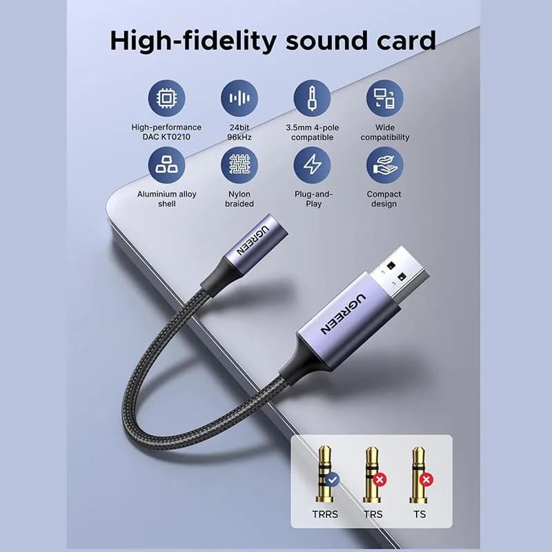 Card Sound USB 2.0 Sang Jack 3.5mm Audio & Mic Ugreen 30757 Dài 25cm