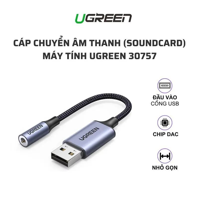 Card Sound USB 2.0 Sang Jack 3.5mm Audio & Mic Ugreen 30757 Dài 25cm