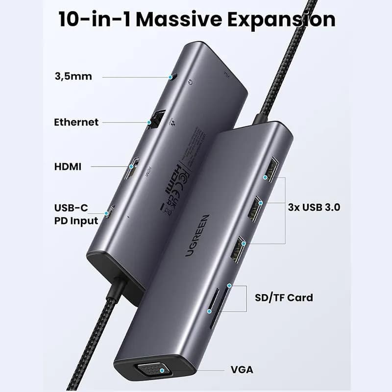 Hub Chuyển Đổi USB-C 10 Trong 1 Ugreen 15601 CM498 | Hỗ Trợ HDMI 4K, VGA, LAN Gigabit, Sạc PD 100W