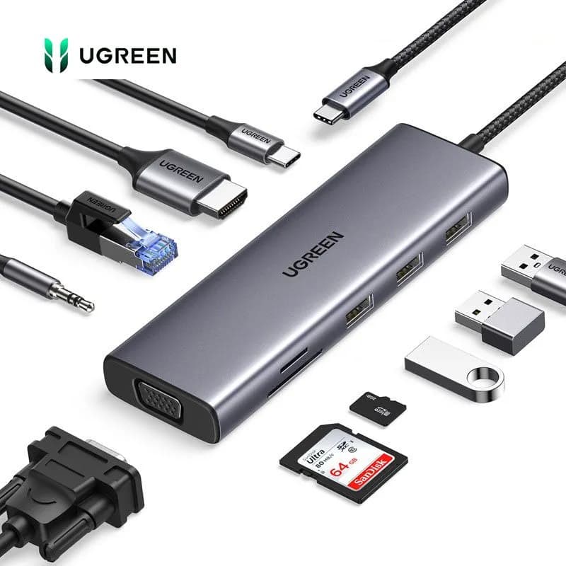 Hub Chuyển Đổi USB-C 10 Trong 1 Ugreen 15601 CM498 | Hỗ Trợ HDMI 4K, VGA, LAN Gigabit, Sạc PD 100W