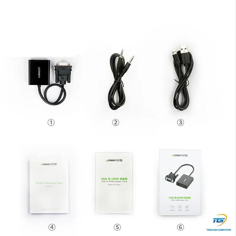 Cáp Chuyển Đổi VGA Sang HDMI Ugreen 50945 Dài 25cm (Màu Đen) - Hỗ Trợ Âm Thanh 3.5mm & Nguồn USB-C