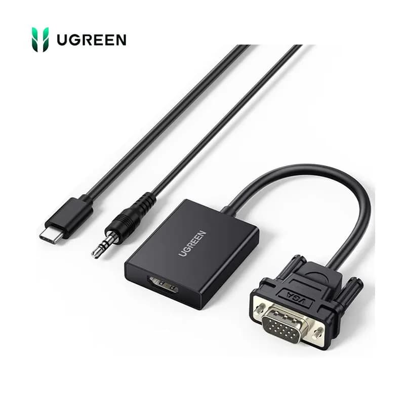 Cáp Chuyển Đổi VGA Sang HDMI Ugreen 50945 Dài 25cm (Màu Đen) - Hỗ Trợ Âm Thanh 3.5mm & Nguồn USB-C