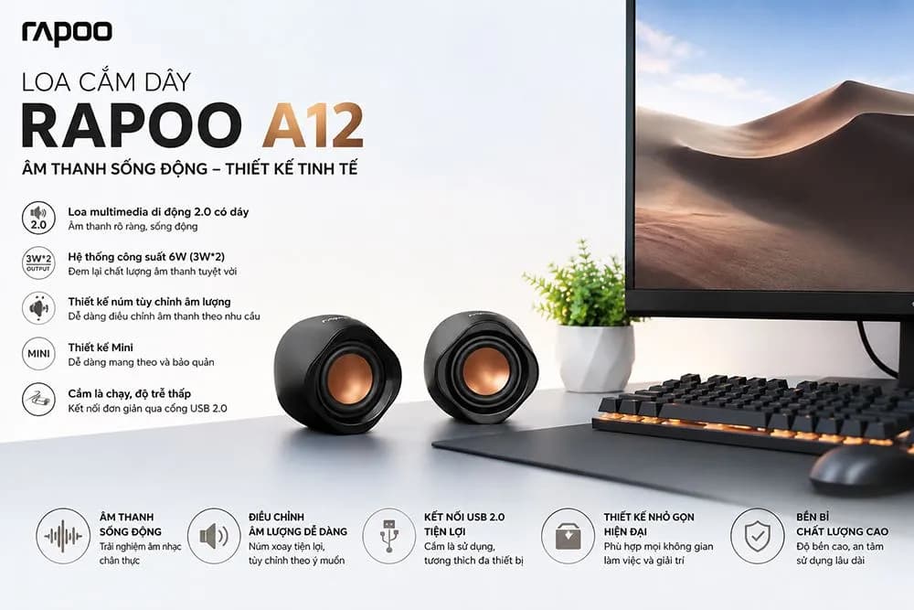 Loa Máy Tính Rapoo A12 2.0 - Nhỏ Gọn, Âm Thanh Chất Lượng