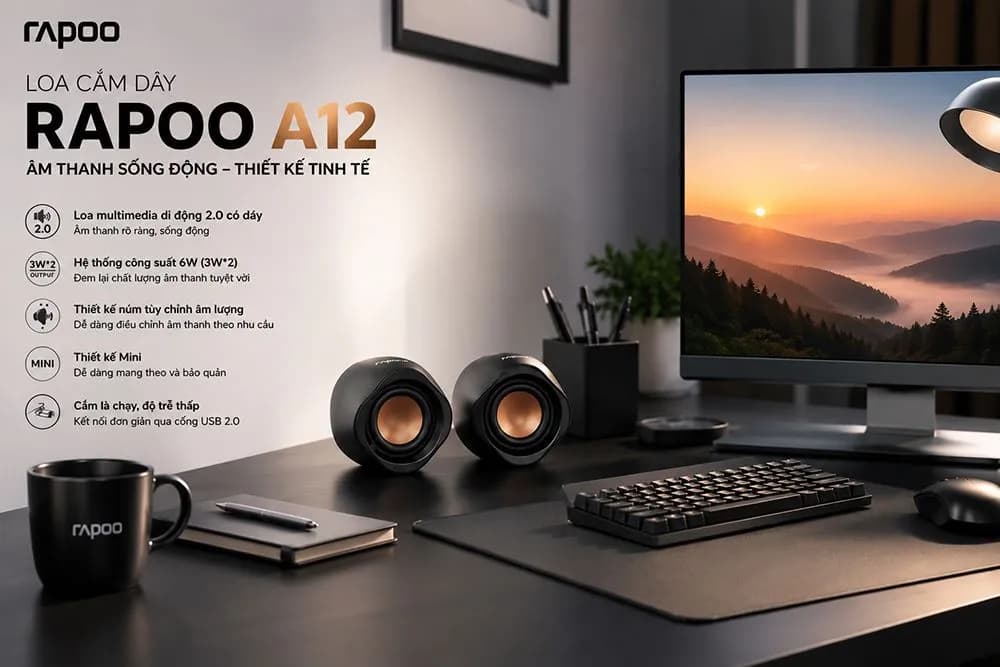 Loa Máy Tính Rapoo A12 2.0 - Nhỏ Gọn, Âm Thanh Chất Lượng