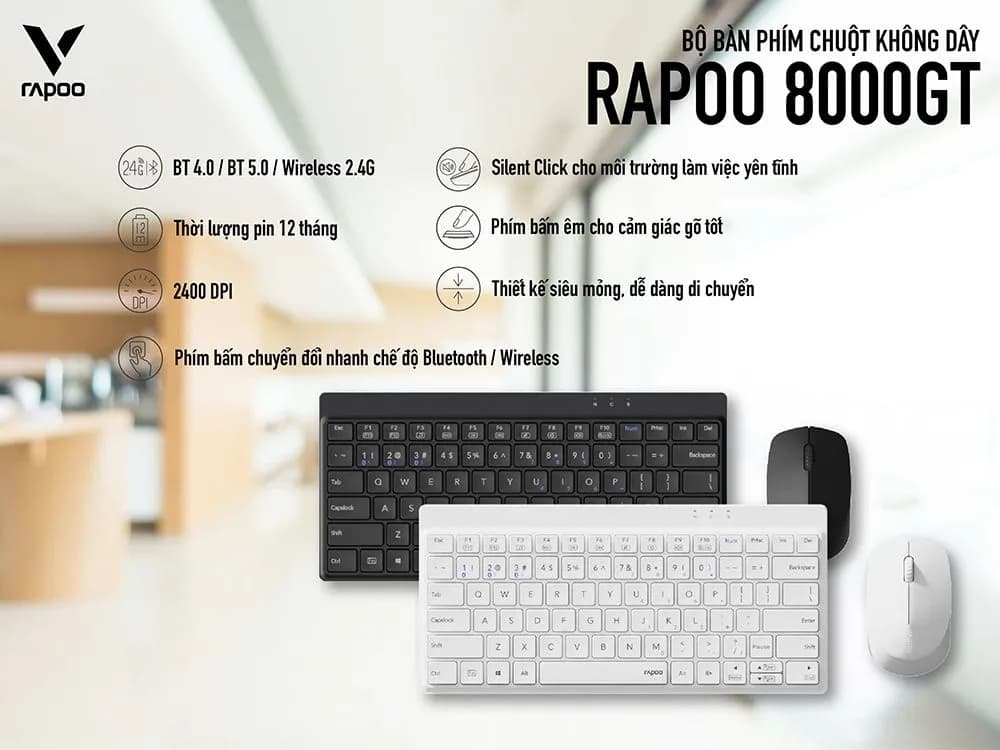 Bộ bàn phím chuột không dây Rapoo 8000GT (Bluetooth & 2.4GHz)