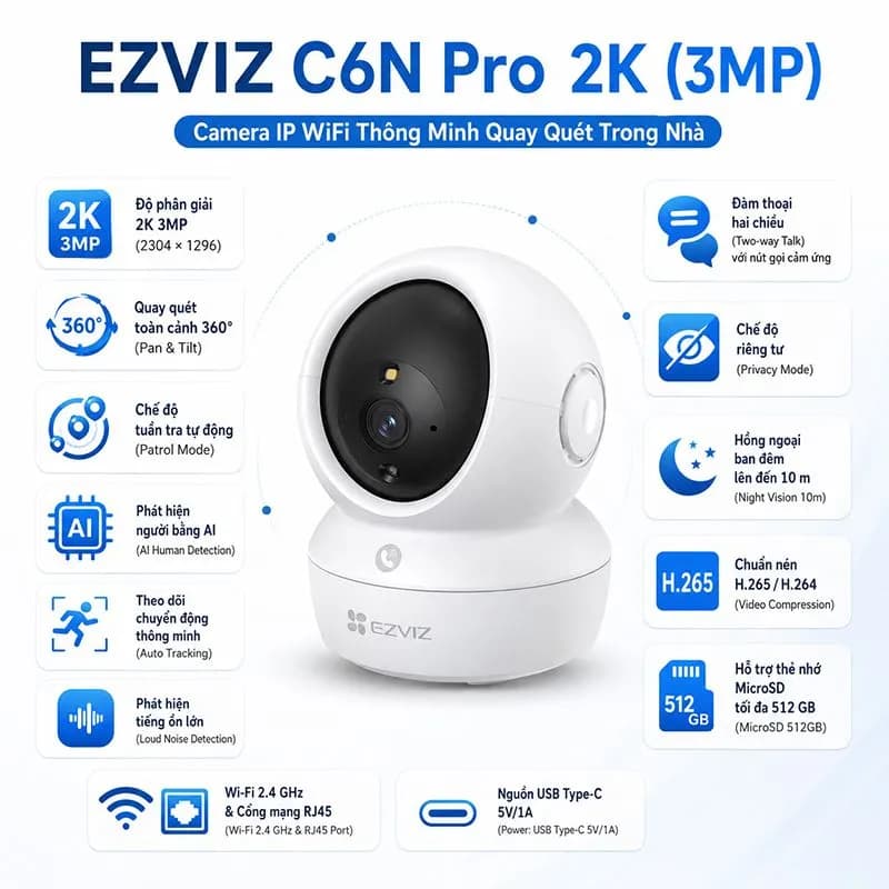Camera IP WiFi Thông Minh EZVIZ CS-C6N (3MP, W1) C6N Pro 2K