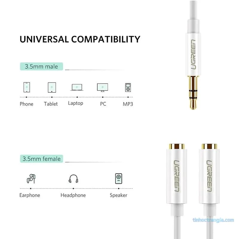 Cáp Chia Audio 3.5mm 1 Ra 2 Dài 20cm Ugreen 10739 (Màu Trắng)  