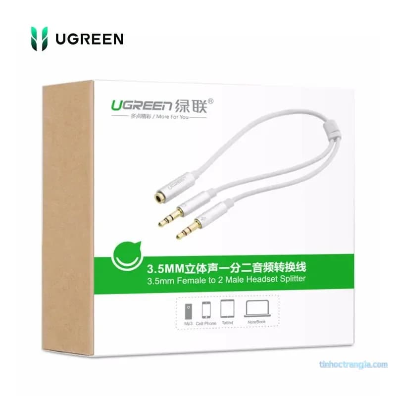 Dây Cáp Gộp Mic & Tai Nghe Ugreen 10790 - Jack 3.5mm Âm, Vỏ Nhôm Bạc 20CM - hover
