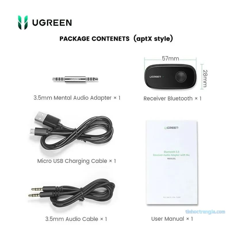 Thiết Bị Nhận Bluetooth 5.0 Audio Receiver Ugreen 70304 (Hỗ Trợ aptX, Jack 3.5mm, Màu Đen)
