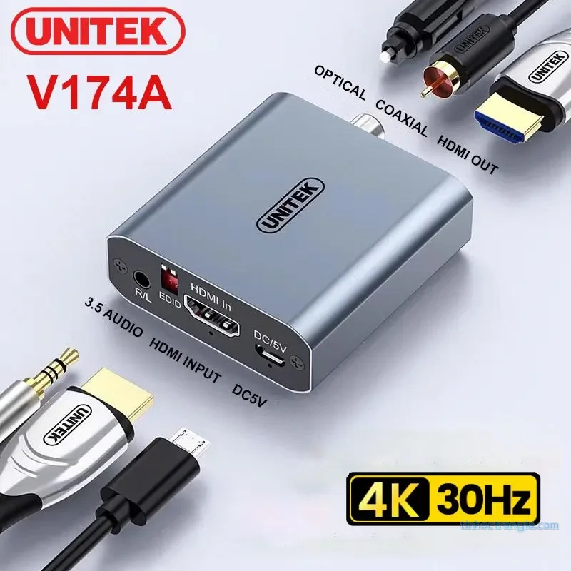 Bộ tách âm thanh HDMI sang HDMI và Audio Quang/3.5mm Unitek V174A 4K@30Hz 2