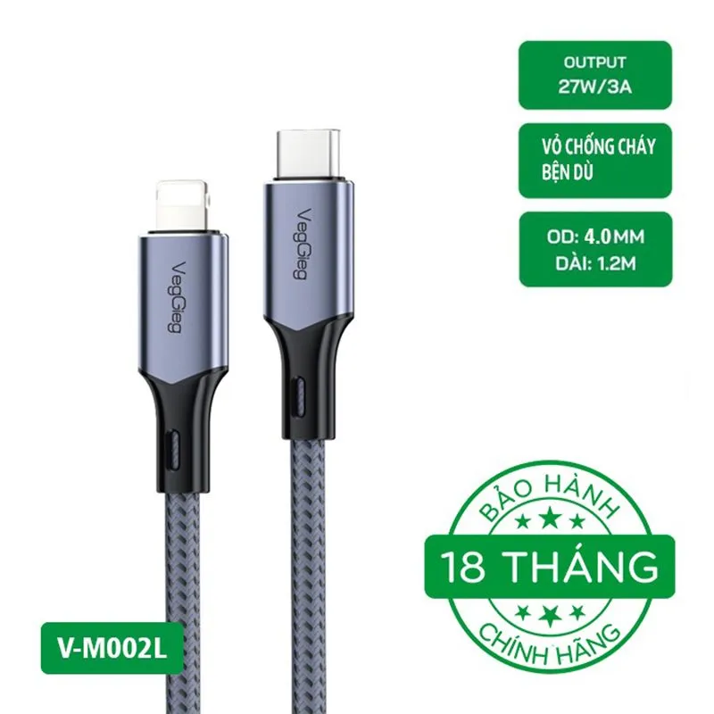 Cáp sạc nhanh USB-C to Lightning (C-L) 27W 1.2M Veggieg VM002L